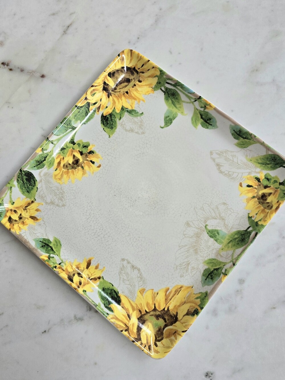 222 Fifth Sunflower Kiss Cream Fine Porcelyn China Tray 14" Square